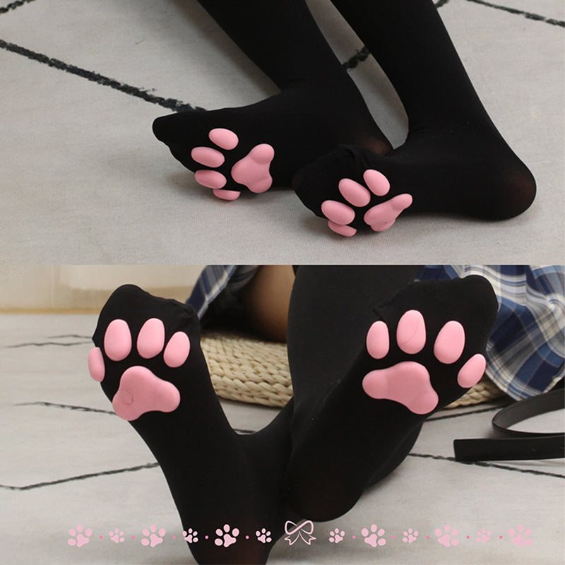 Cat Paw Thigh High Socks-Black