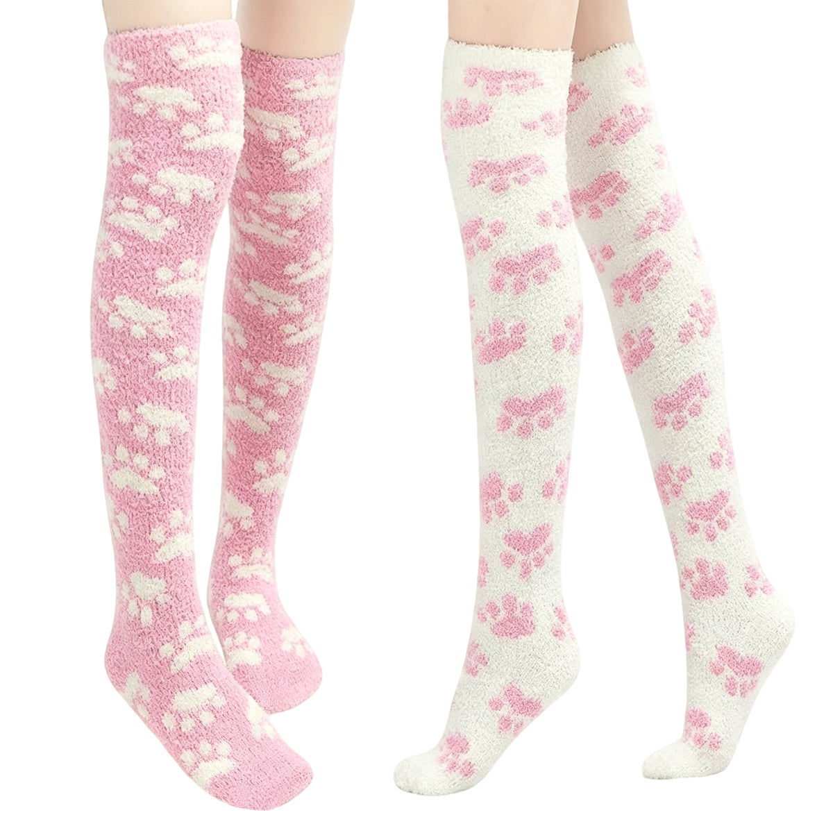 Paw Thigh High Socks Set- White+Black