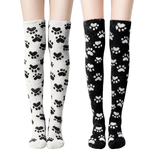 Paw Thigh High Socks Set- White+Black
