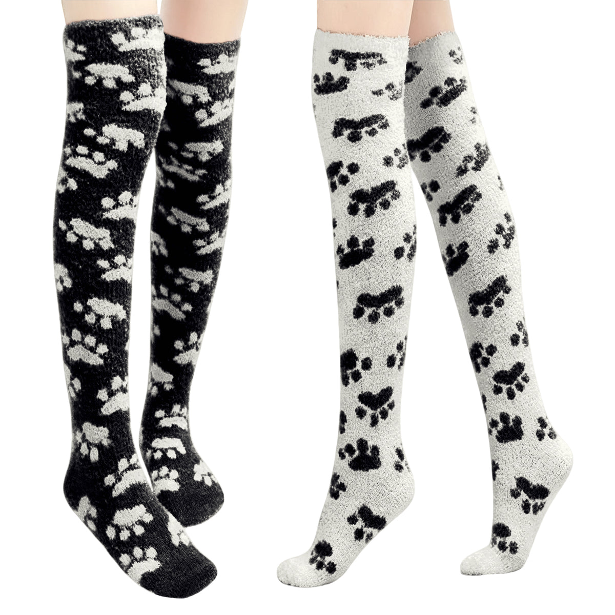 Paw Thigh High Socks Set- White+Black