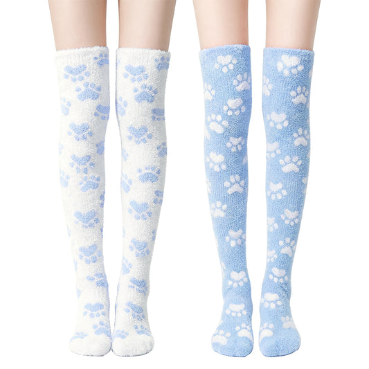 Paw Thigh High Socks Set- White+Blue