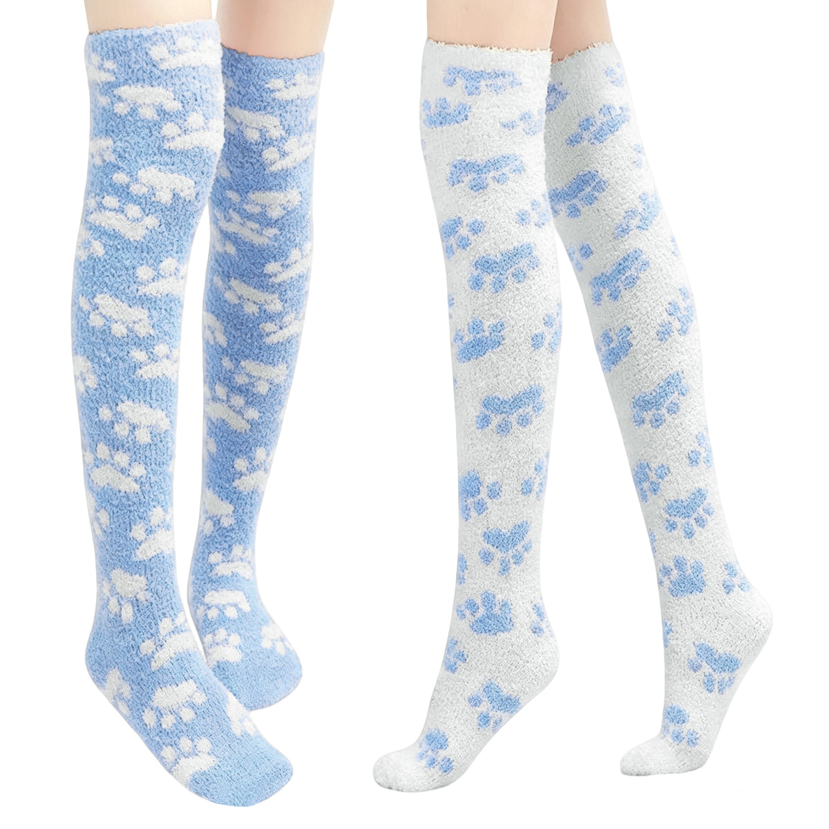 Paw Thigh High Socks Set- White+Black