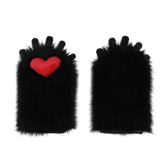 Plush Furry Paws Gloves - Black Red