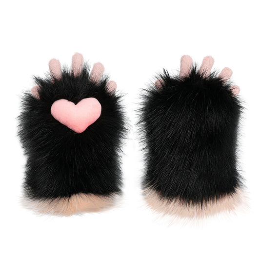 Plush Furry Paws Gloves - Black Pink