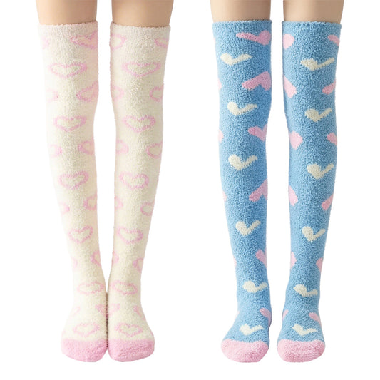 Heart Thigh High Socks Set- White+Blue