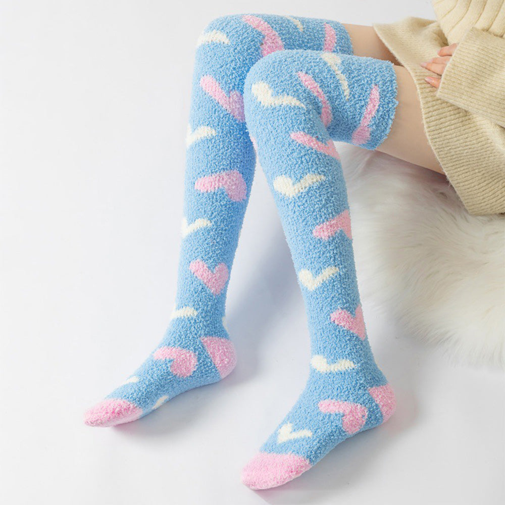 Heart Thigh High Socks Set- White+Blue