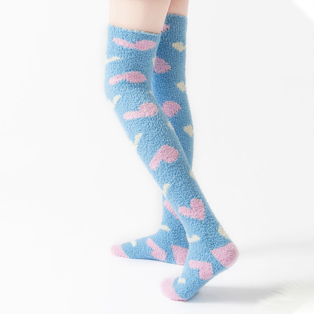 Heart Thigh High Socks Set- White+Blue