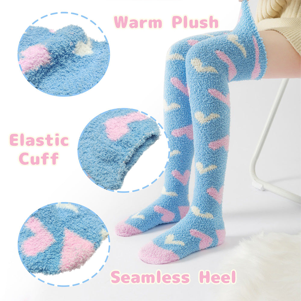 Heart Thigh High Socks Set- White+Blue