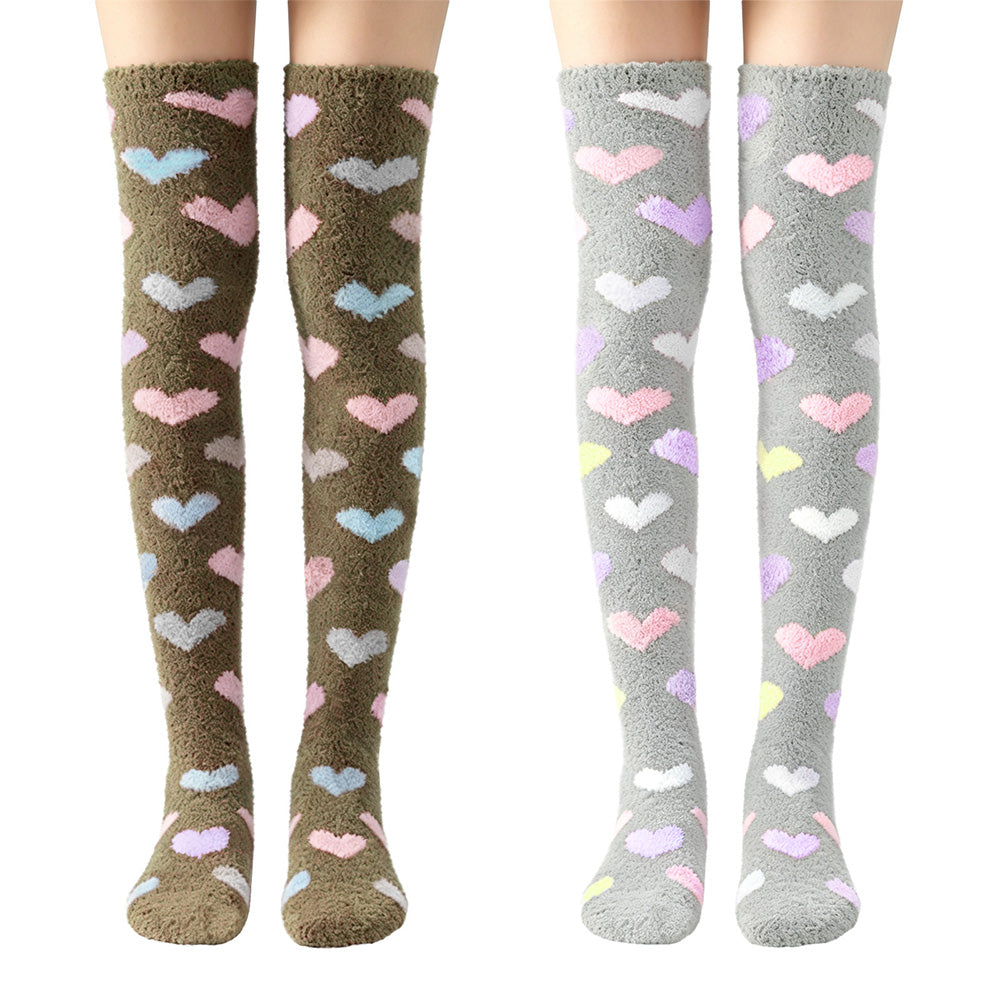 Heart Thigh High Socks Set- Brown +Gray
