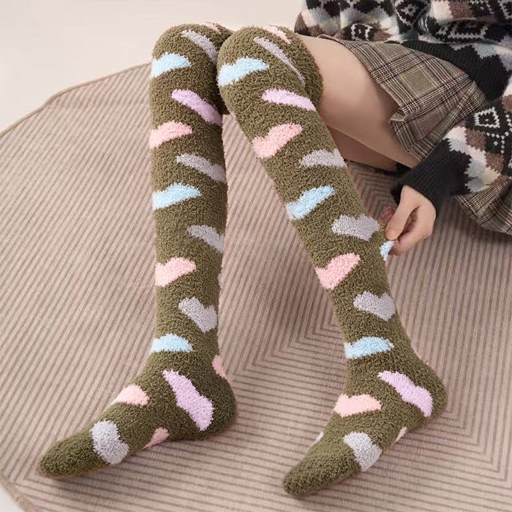Heart Thigh High Socks Set- Brown +Gray