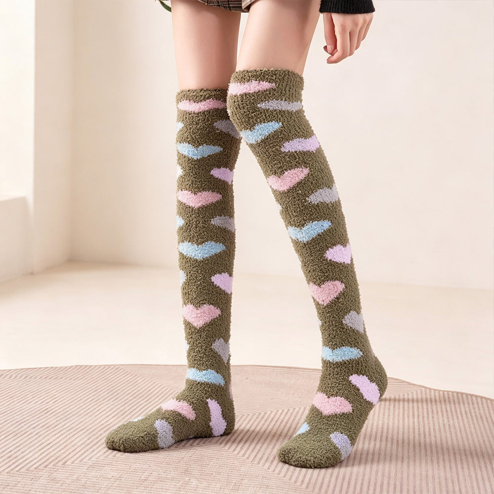 Heart Thigh High Socks Set- Brown +Gray