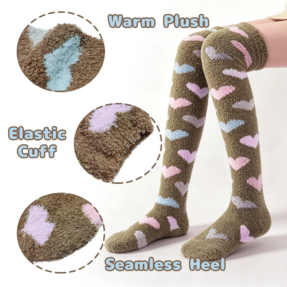 Heart Thigh High Socks Set- Brown +Gray